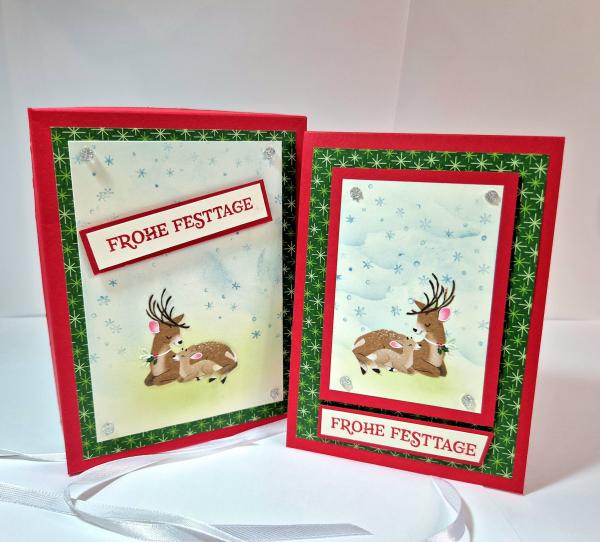 5er - Set Weihnachtskarten inkl. Verpackung - Rentiermama mit Baby